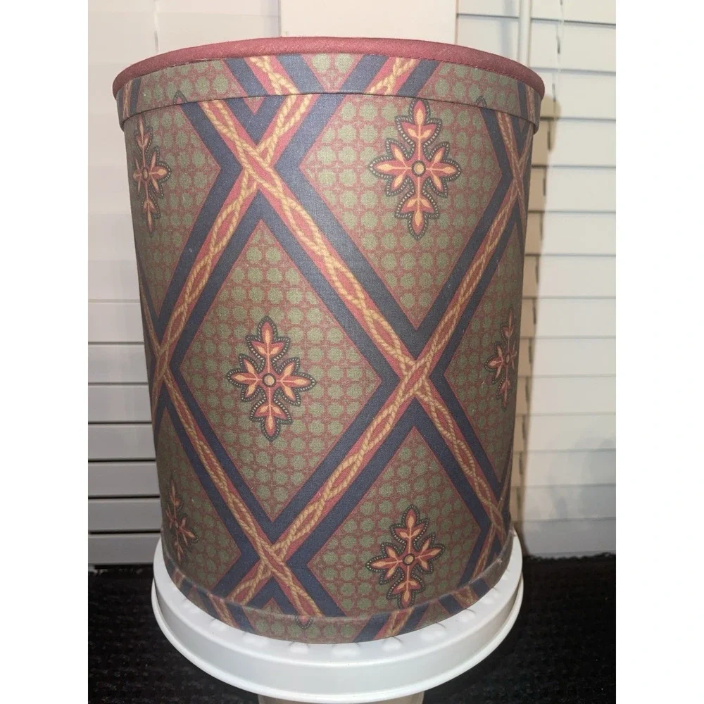 Vintage Burgundy Navy Green Pattern Material Waste Basket Trash Can Vineyard Inc